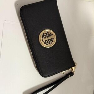 Dasien womens black and gold tone wallet purse wristlet